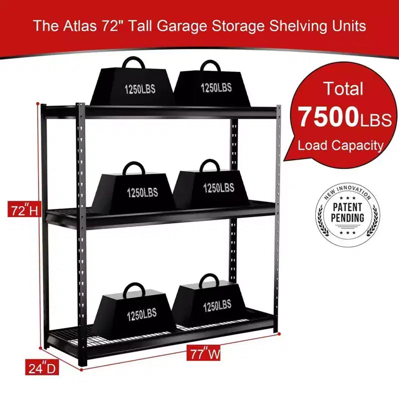 Étagères Atlas à 3 niveaux 77"x24"x72" 7500 lb, en acier robuste, gris foncé : Rangement utilitaire ajustable et résistant à la rouille