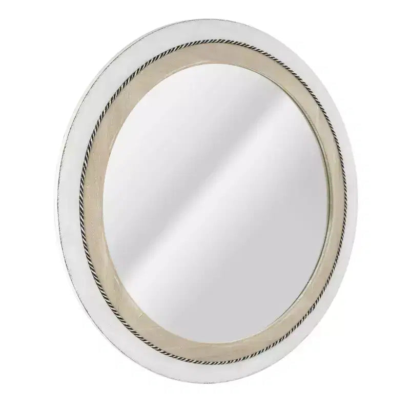 Miroir mural rond encadré de bois rustique 23 po x 23 po avec corde incrustée Blanc/Brun - Head West : Fixations incluses, aucun assemblage requis