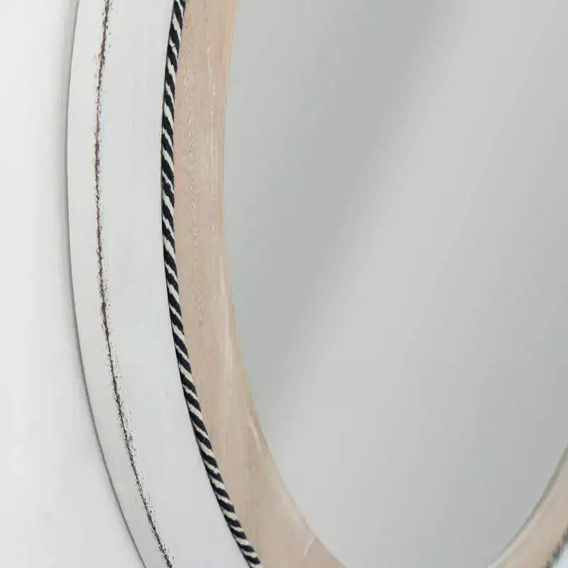 Miroir mural rond encadré de bois rustique 23 po x 23 po avec corde incrustée Blanc/Brun - Head West : Fixations incluses, aucun assemblage requis
