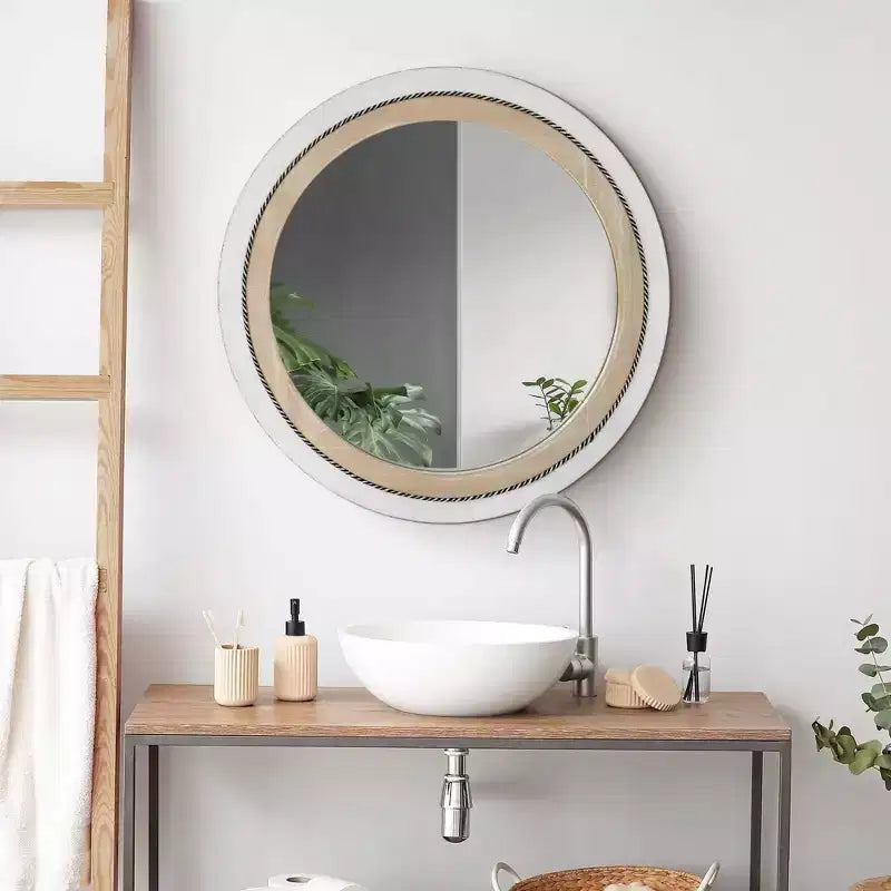 Miroir mural rond encadré de bois rustique 23 po x 23 po avec corde incrustée Blanc/Brun - Head West : Fixations incluses, aucun assemblage requis