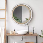 Miroir mural rond encadré de bois rustique 23 po x 23 po avec corde incrustée Blanc/Brun - Head West : Fixations incluses, aucun assemblage requis
