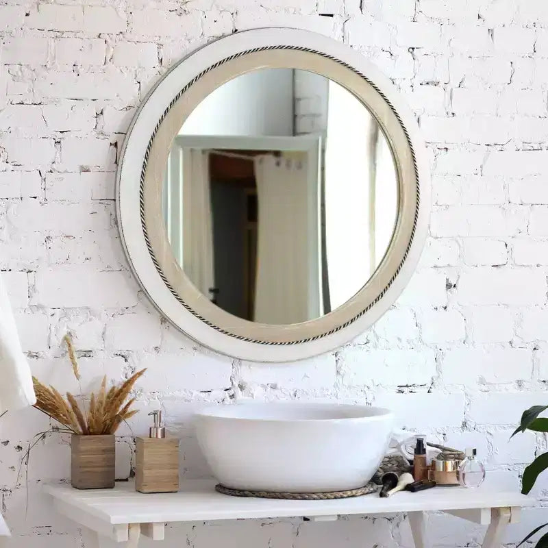 Miroir mural rond encadré de bois rustique 23 po x 23 po avec corde incrustée Blanc/Brun - Head West : Fixations incluses, aucun assemblage requis