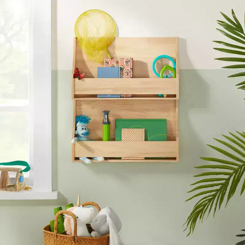 Étagère à livres pour enfants à 2 niveaux en bois naturel – Pillowfort™ : Organisateur mural de bibliothèque, blanc cassé, aucun assemblage requis