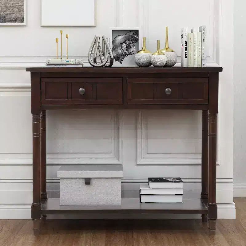 Whisen Rustic Console Table Traditional Design with Two Drawers and Bottom Shelf