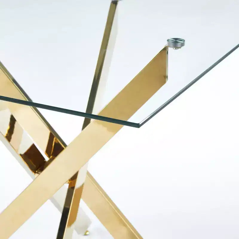 Table de salle à manger avec pieds en métal croisés et plateau en verre trempé C, gain de place pour le salon