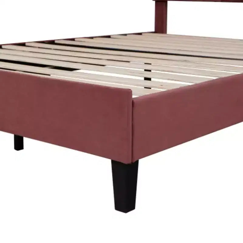Bean Paste Red Queen-Sized Upholstered Platform Bed with Floral Velvet Headboard