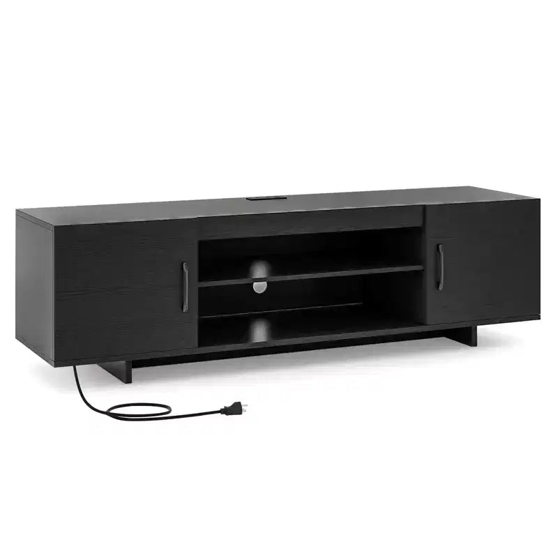 Meuble TV Costway pour téléviseurs 70 pouces, centre de divertissement moderne avec prise de courant et 2 trous pour câbles, marron/noir