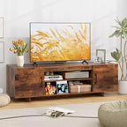 Meuble TV Costway pour téléviseurs 70 pouces, centre de divertissement moderne avec prise de courant et 2 trous pour câbles, marron/noir