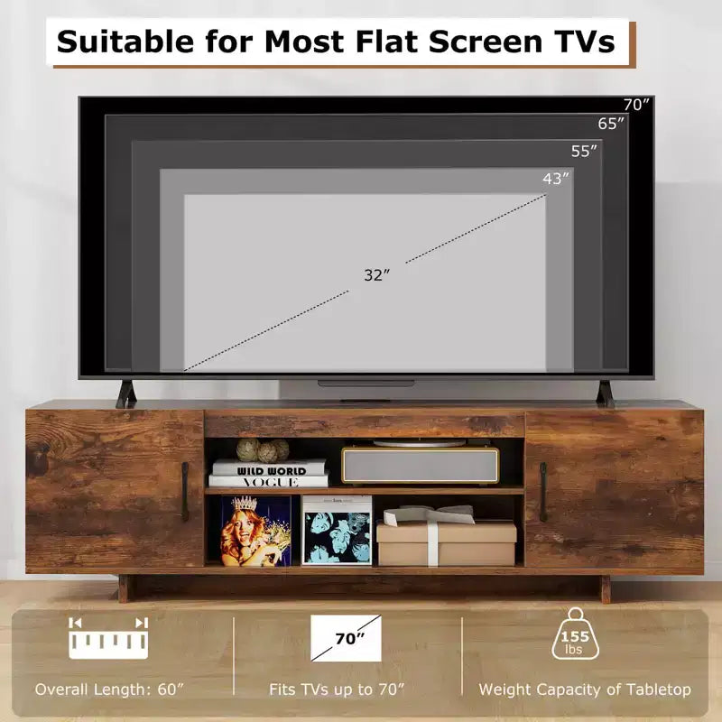 Meuble TV Costway pour téléviseurs 70 pouces, centre de divertissement moderne avec prise de courant et 2 trous pour câbles, marron/noir