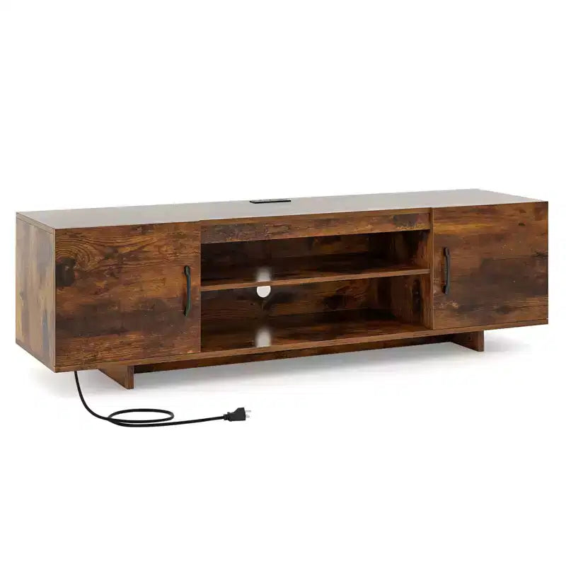Meuble TV Costway pour téléviseurs 70 pouces, centre de divertissement moderne avec prise de courant et 2 trous pour câbles, marron/noir