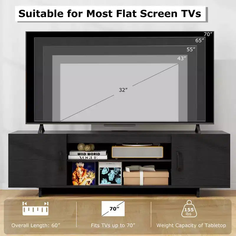 Meuble TV Costway pour téléviseurs 70 pouces, centre de divertissement moderne avec prise de courant et 2 trous pour câbles, marron/noir