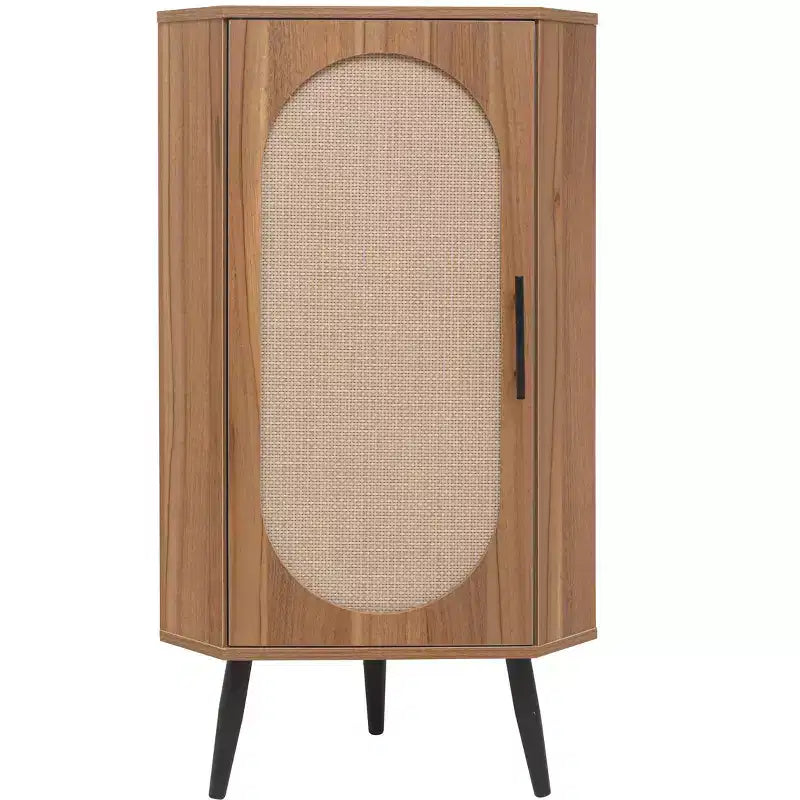 MAYEERTY Meuble d'angle en noyer avec porte en rotin, meuble de rangement autoportant pour les petits espaces du salon