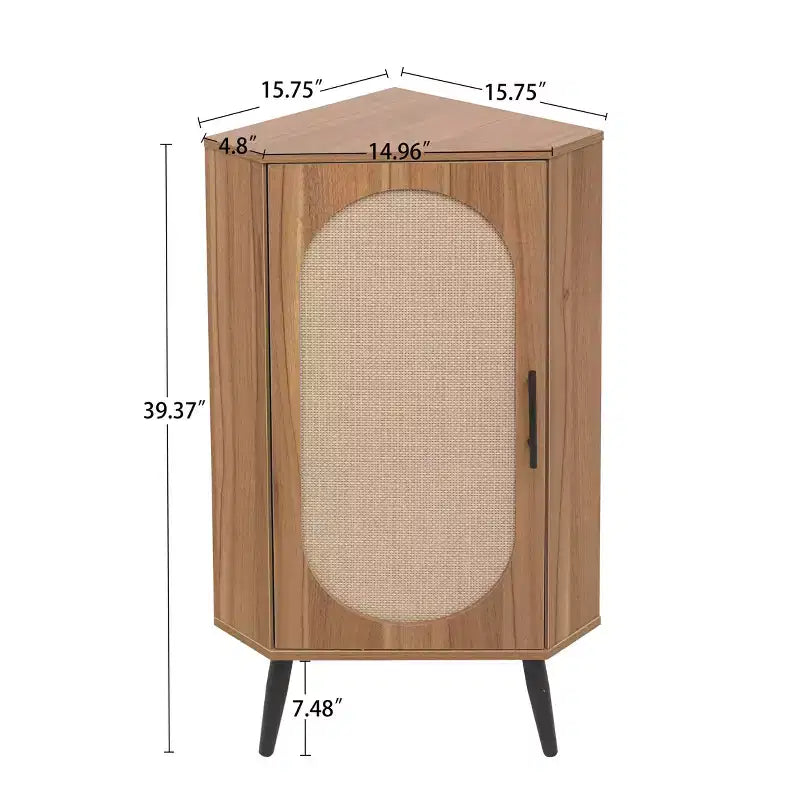 MAYEERTY Meuble d'angle en noyer avec porte en rotin, meuble de rangement autoportant pour les petits espaces du salon