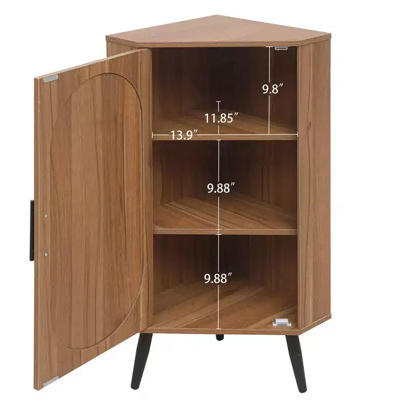 MAYEERTY Meuble d'angle en noyer avec porte en rotin, meuble de rangement autoportant pour les petits espaces du salon