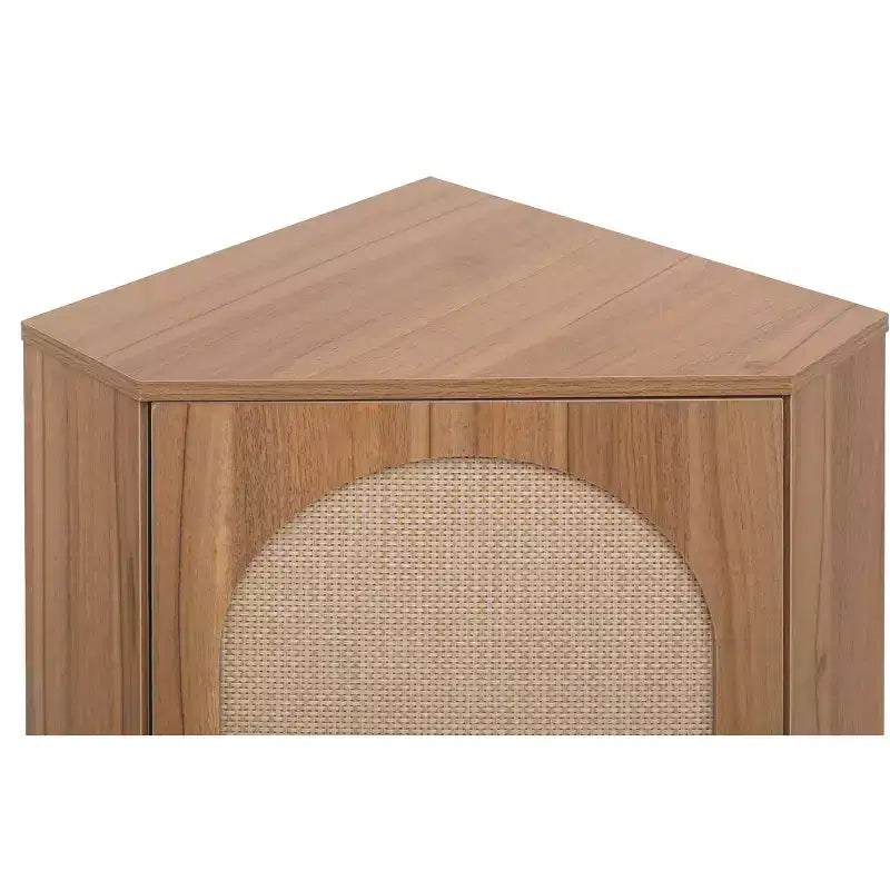 MAYEERTY Meuble d'angle en noyer avec porte en rotin, meuble de rangement autoportant pour les petits espaces du salon