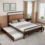 Queen Size Storage Platform Bed with 2 Big Drawers, T-XL Size Trundle and PU Upholstered Backrest, White/Walnut-ModernLuxe