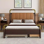 Lit plateforme queen avec 2 grands tiroirs, lit gigogne de taille T-XL et dossier rembourré en PU, blanc/noyer-ModernLuxe
