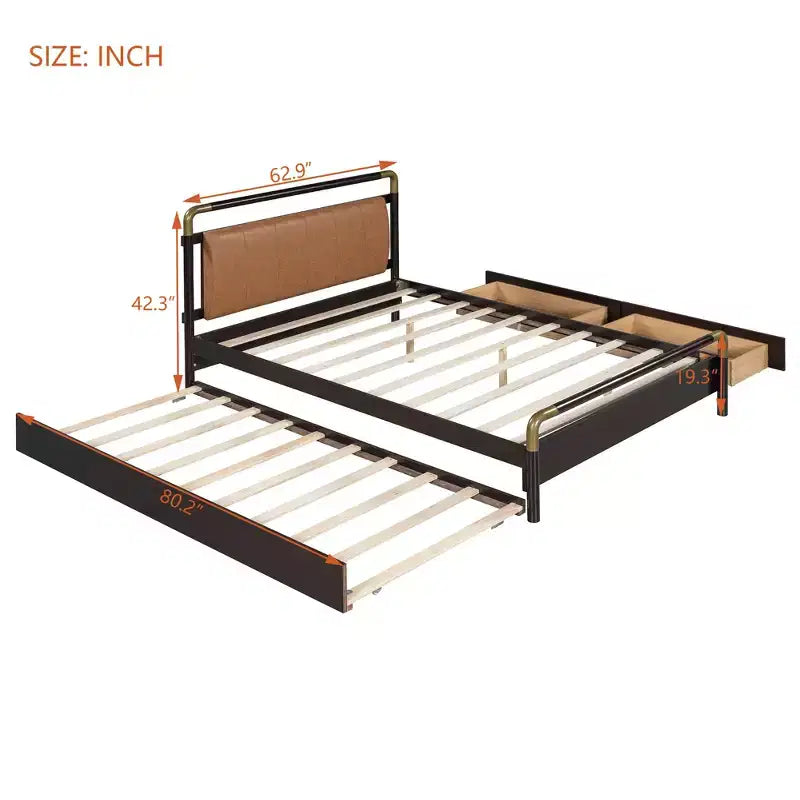 Lit plateforme queen avec 2 grands tiroirs, lit gigogne de taille T-XL et dossier rembourré en PU, blanc/noyer-ModernLuxe