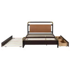 Lit plateforme queen avec 2 grands tiroirs, lit gigogne de taille T-XL et dossier rembourré en PU, blanc/noyer-ModernLuxe