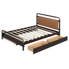 Lit plateforme queen avec 2 grands tiroirs, lit gigogne de taille T-XL et dossier rembourré en PU, blanc/noyer-ModernLuxe