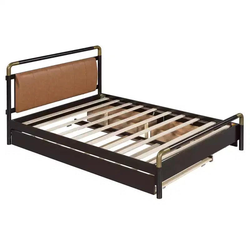 Lit plateforme queen avec 2 grands tiroirs, lit gigogne de taille T-XL et dossier rembourré en PU, blanc/noyer-ModernLuxe