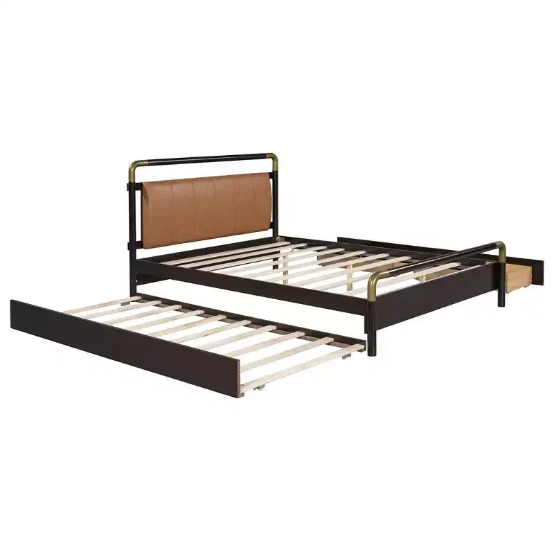 Lit plateforme queen avec 2 grands tiroirs, lit gigogne de taille T-XL et dossier rembourré en PU, blanc/noyer-ModernLuxe