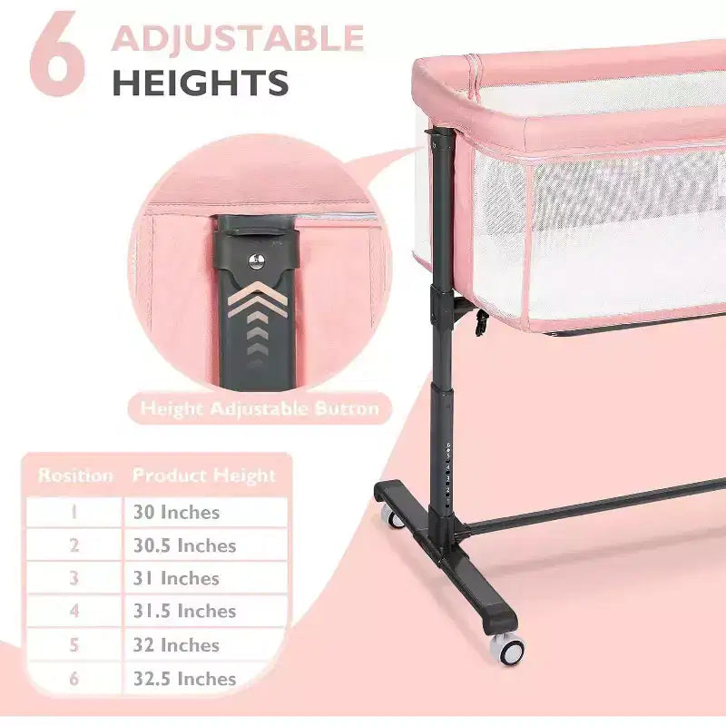 Kinder King Portable Baby Bassinet with Wheels, All-Mesh Bedside Sleeper, Newborn Crib with Removable Soft Mattress