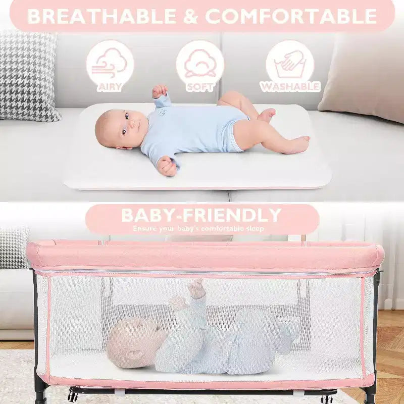 Kinder King Portable Baby Bassinet with Wheels, All-Mesh Bedside Sleeper, Newborn Crib with Removable Soft Mattress