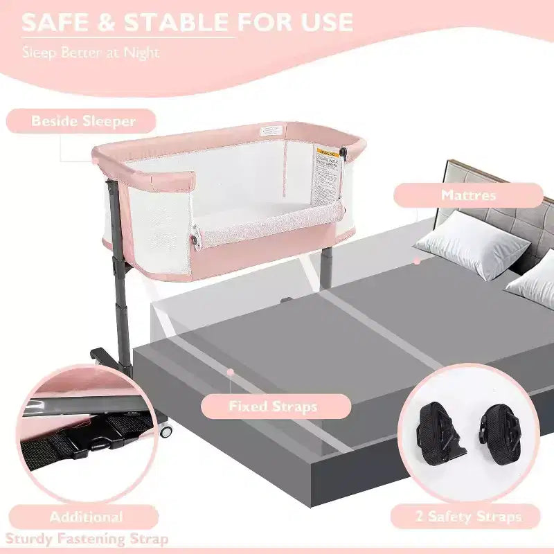 Kinder King Portable Baby Bassinet with Wheels, All-Mesh Bedside Sleeper, Newborn Crib with Removable Soft Mattress