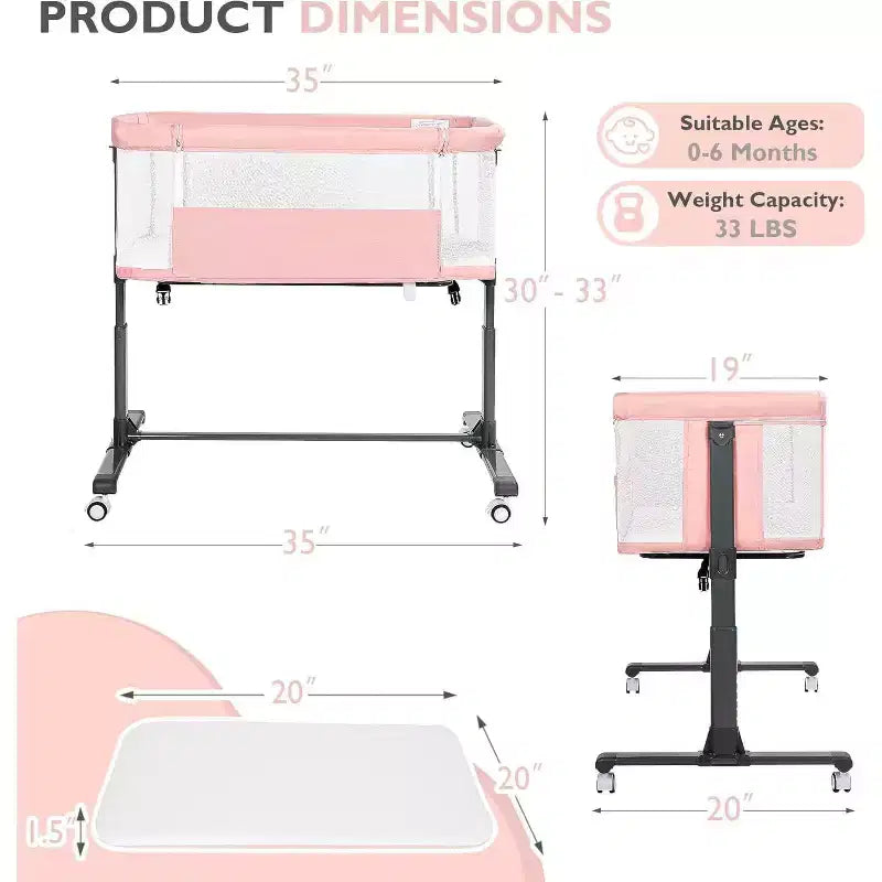 Kinder King Portable Baby Bassinet with Wheels, All-Mesh Bedside Sleeper, Newborn Crib with Removable Soft Mattress