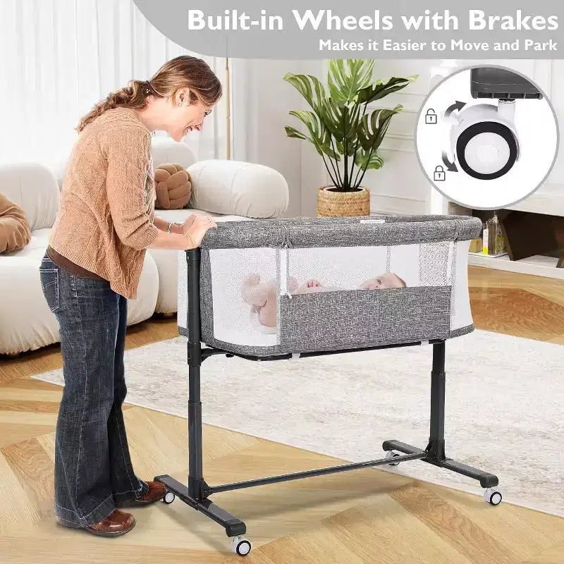 Kinder King Portable Baby Bassinet with Wheels, All-Mesh Bedside Sleeper, Newborn Crib with Removable Soft Mattress