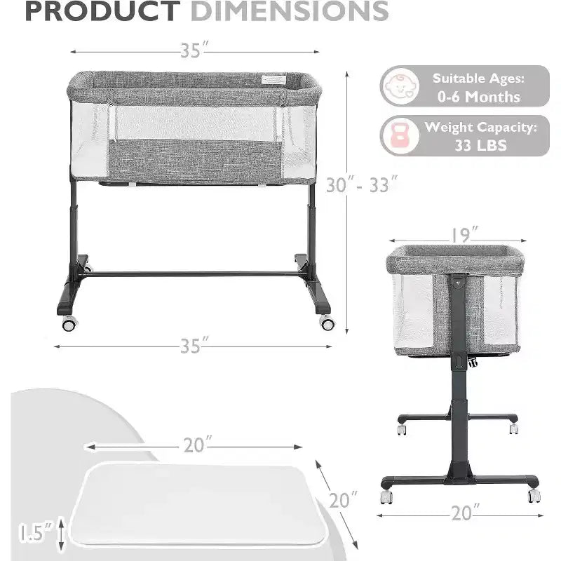 Kinder King Portable Baby Bassinet with Wheels, All-Mesh Bedside Sleeper, Newborn Crib with Removable Soft Mattress