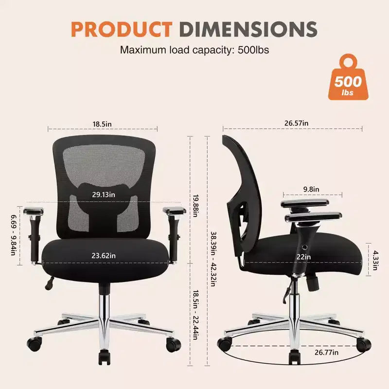 Chaise de bureau grande taille et robuste avec soutien lombaire, fauteuil d'ordinateur ergonomique en maille, capacité 227 kg, avec accoudoirs et assise large et confortable