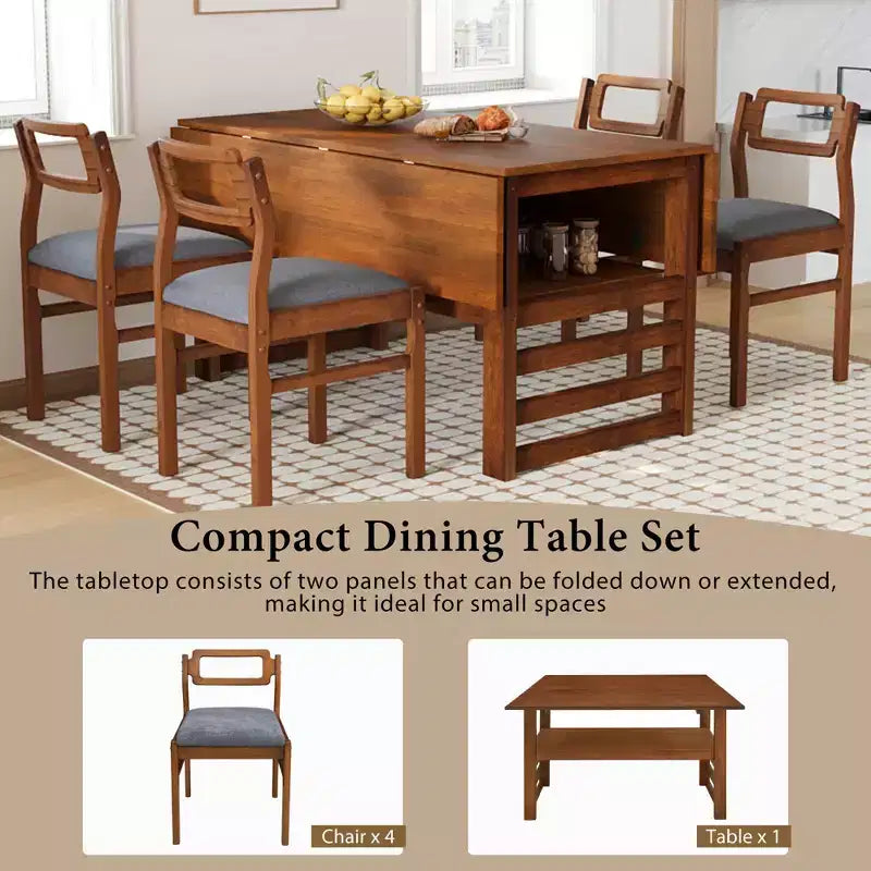 ModernLuxe Ensemble Table à Manger Extensible 5 Pièces pour 4 Personnes, Ensemble de Salle à Manger avec Abattants, Étagère de Rangement et 4 Chaises Rembourrées