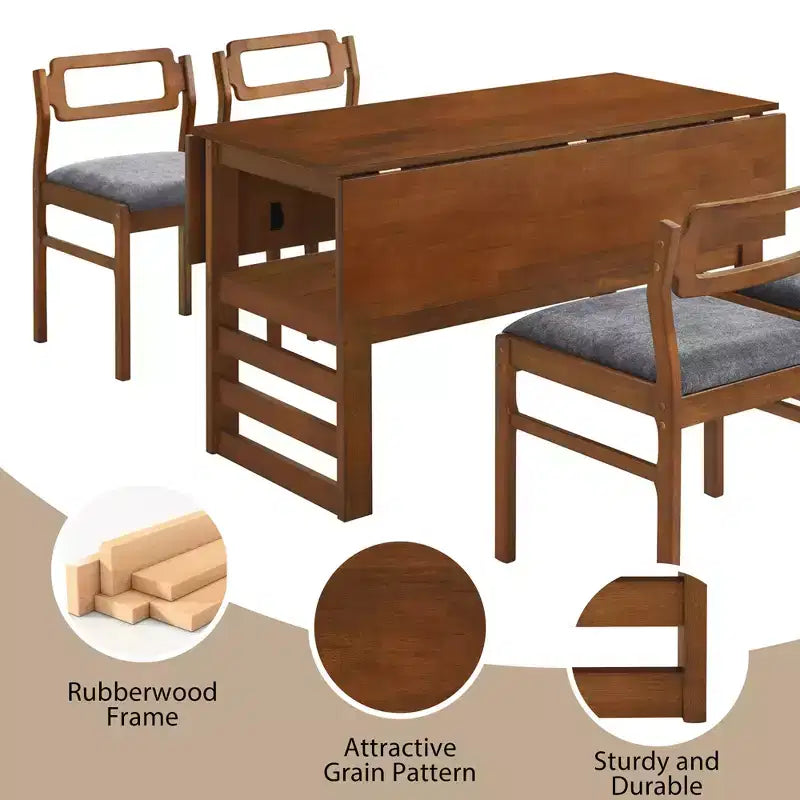 ModernLuxe Ensemble Table à Manger Extensible 5 Pièces pour 4 Personnes, Ensemble de Salle à Manger avec Abattants, Étagère de Rangement et 4 Chaises Rembourrées