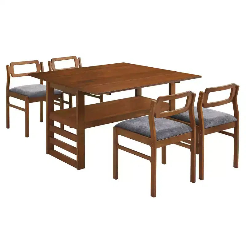ModernLuxe Ensemble Table à Manger Extensible 5 Pièces pour 4 Personnes, Ensemble de Salle à Manger avec Abattants, Étagère de Rangement et 4 Chaises Rembourrées