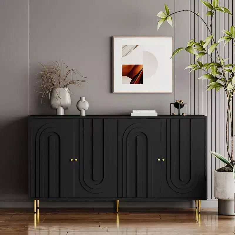 Versatile Black Lacquered 4-Door Wooden Cabinet - Sideboard Buffet Server for Living Room, Entryway, Hallway, Office, Kitchen and Dining Room