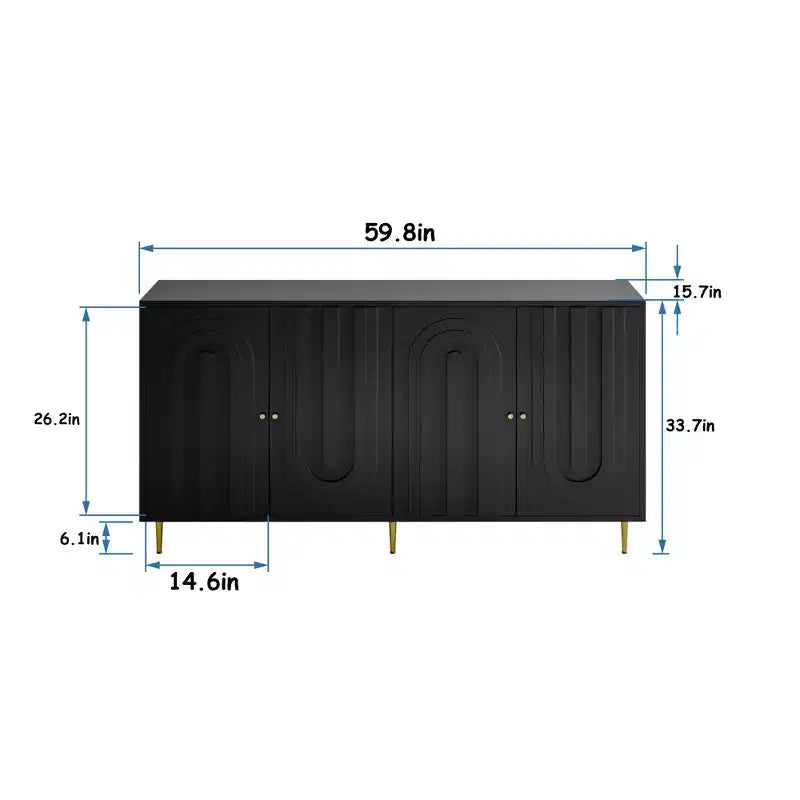 Bahut polyvalent en bois laqué noir à 4 portes - Buffet de service pour salon, entrée, couloir, bureau, cuisine et salle à manger