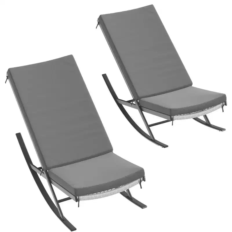 Ensemble de 2 fauteuils à bascule d'extérieur, fauteuil à bascule d'intérieur avec coussin rembourré, structure en métal et assise en rotin, pour jardin, cour, pelouse, terrasse