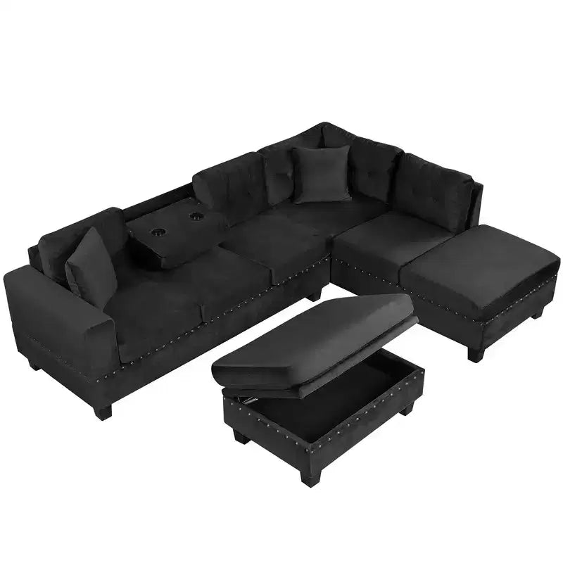 Sectionnel moderne en L Whisen 105 avec pouf de rangement et 2 coussins