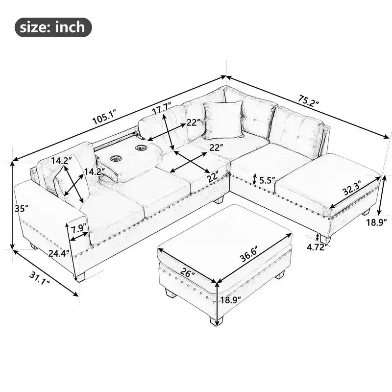 Sectionnel moderne en L Whisen 105 avec pouf de rangement et 2 coussins