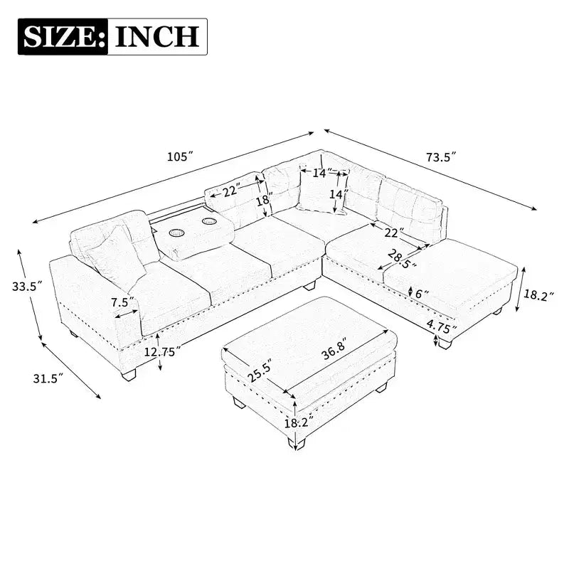Sectionnel moderne en L Whisen 105 avec pouf de rangement et 2 coussins