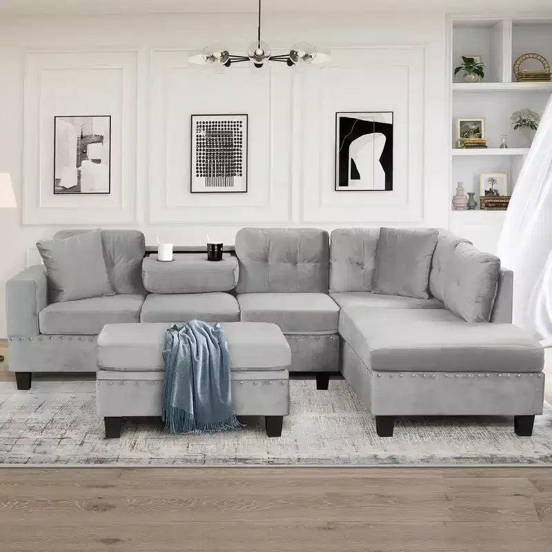 Sectionnel moderne en L Whisen 105 avec pouf de rangement et 2 coussins