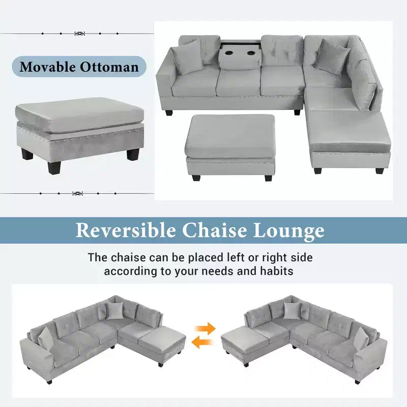 Sectionnel moderne en L Whisen 105 avec pouf de rangement et 2 coussins