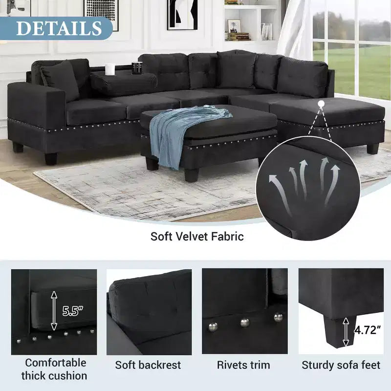 Sectionnel moderne en L Whisen 105 avec pouf de rangement et 2 coussins