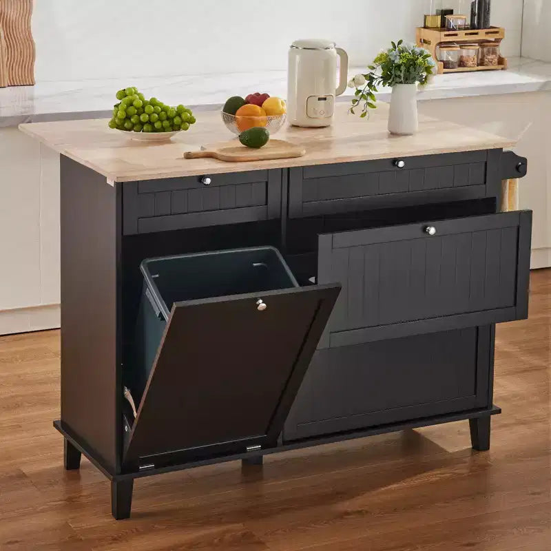 VEVOR Chariot d'Îlot de Cuisine, Bar à Petit-Déjeuner de 127 cm avec Plateau en Bois et Armoire à Poubelle Inclinable de 38 L, Table de Salle à Manger et de Salon Style Ferme
