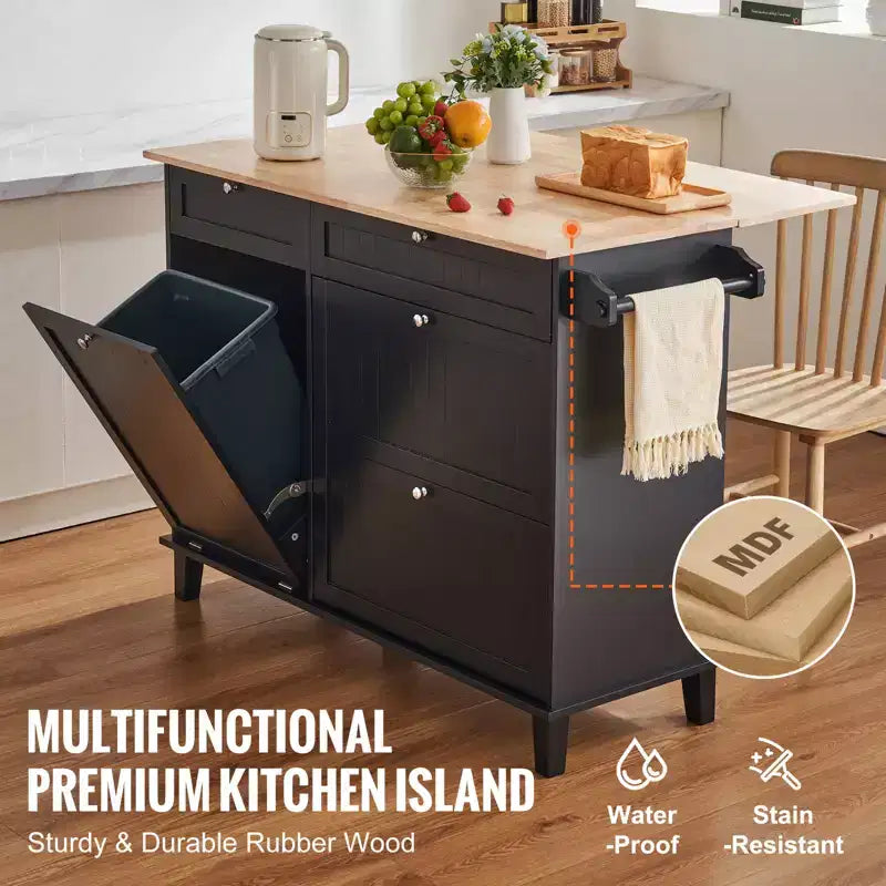 VEVOR Chariot d'Îlot de Cuisine, Bar à Petit-Déjeuner de 127 cm avec Plateau en Bois et Armoire à Poubelle Inclinable de 38 L, Table de Salle à Manger et de Salon Style Ferme