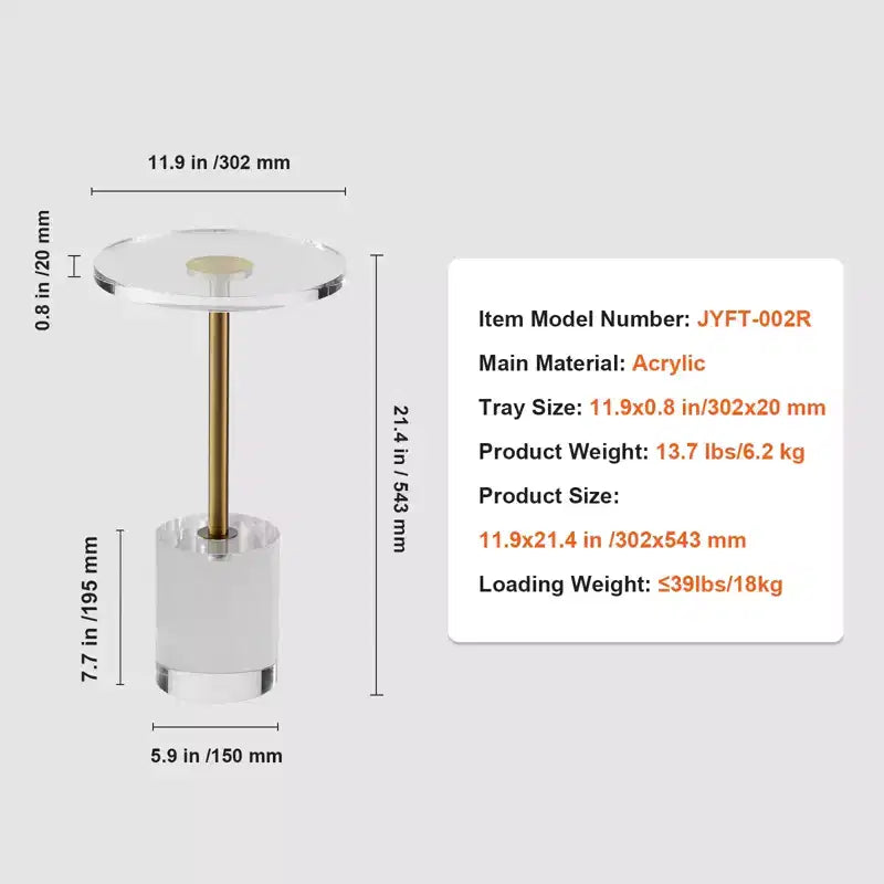 VEVOR Table d'appoint en acrylique, table d'appoint en acrylique avec base solide, plateau rond de 30,2 x 30,2 cm, hauteur de 54,4 cm, pour salon, chambre à coucher
