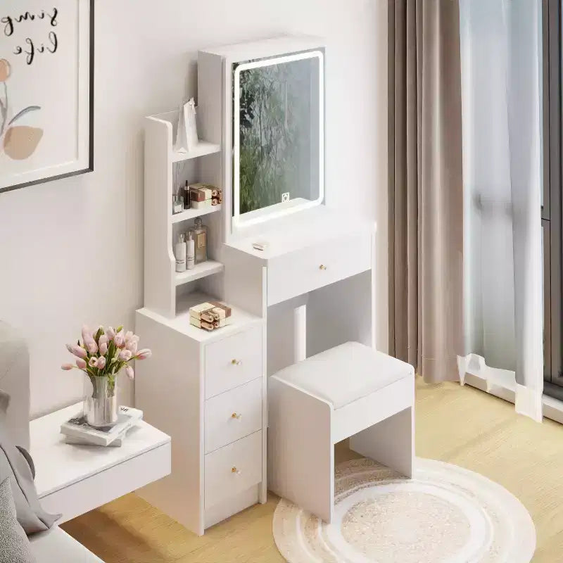 Coiffeuse avec miroir coulissant Okak, table de maquillage peu encombrante avec rangement caché, 3 modes d'éclairage et tabouret rembourré pour petites chambres