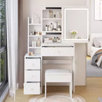 Coiffeuse avec miroir coulissant Okak, table de maquillage peu encombrante avec rangement caché, 3 modes d'éclairage et tabouret rembourré pour petites chambres